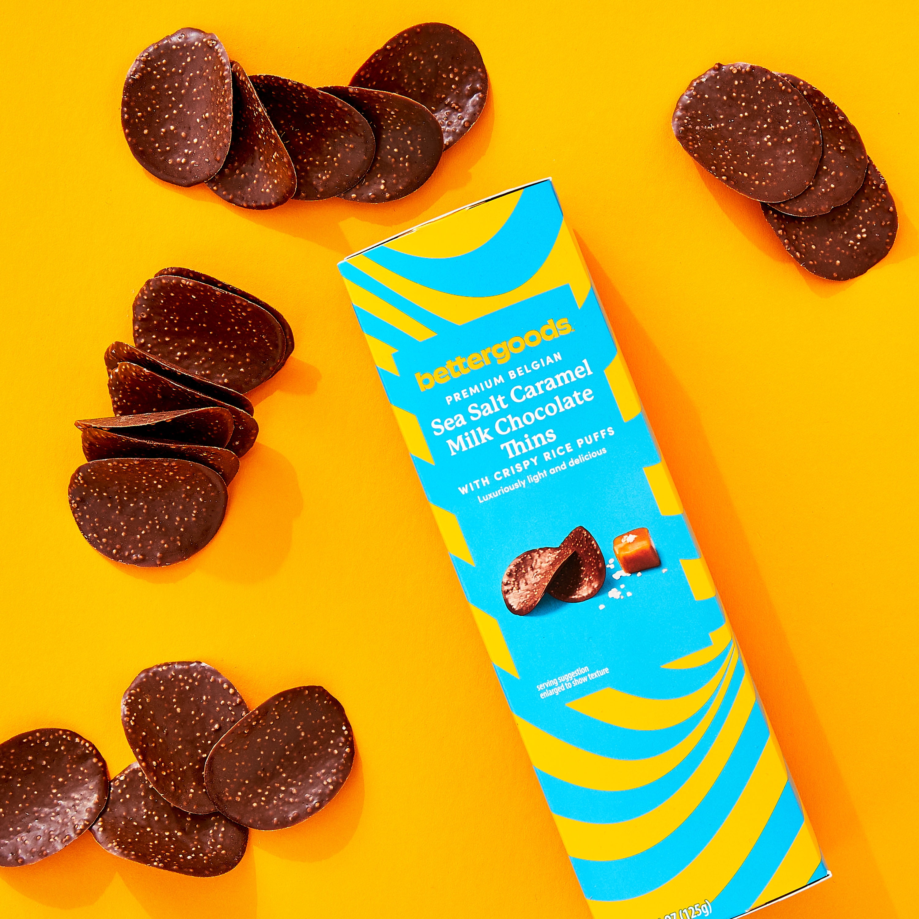 bettergoods Premium Belgian Sea Salt Caramel Milk Chocolate Thins with Crispy Rice Puffs, 4.4 oz