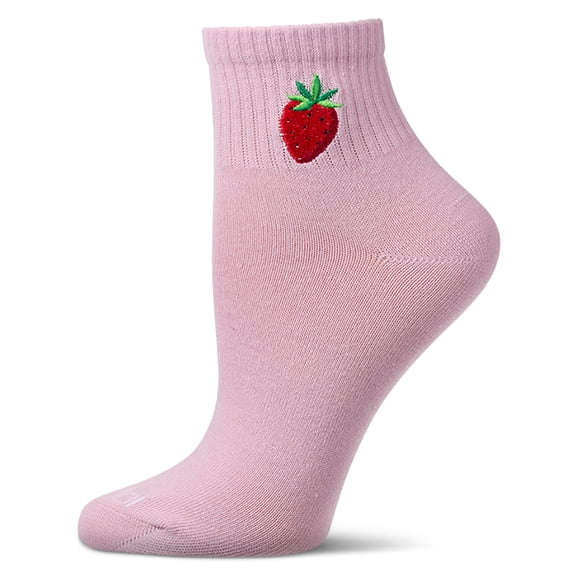 MeMoi Women's "Embroidered Strawberry" Athletic Quarter Sock - Womens - Female, 9-11, Pale Pink