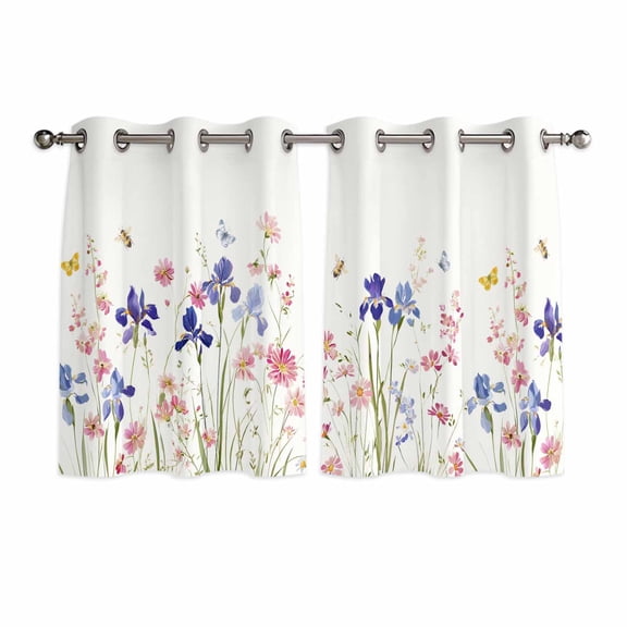 Spring Floral Kitchen Curtains Window Panels, Watercolor Summer Botanical Flowers Insulated Window Treatment Curtain, Grommet Curtains for Bedroom/Living Room/Bathroom, 2 Piece 52"Wx45"L