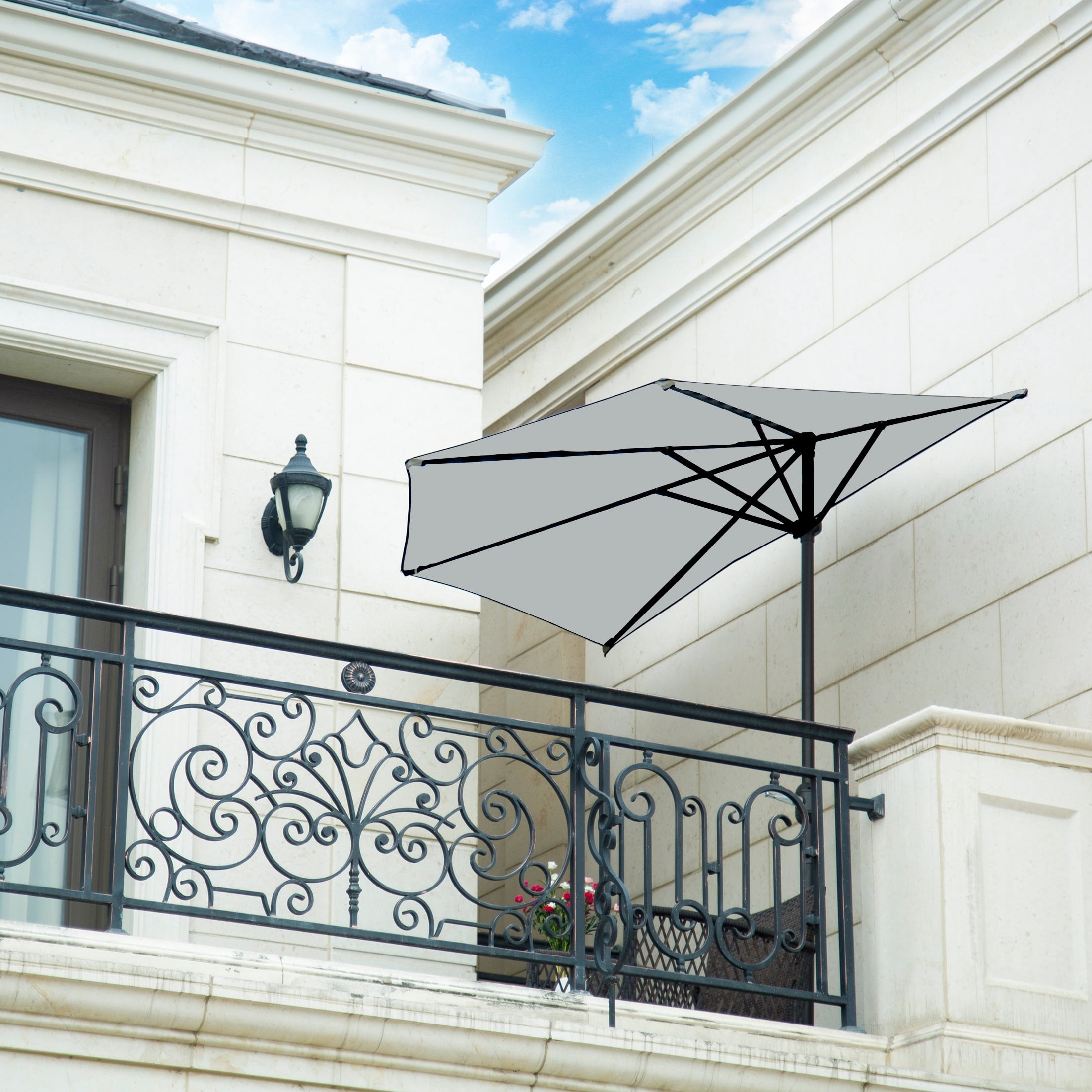 Polytrends 9' Sutton Half Round All-Weather Crank Patio Umbrella Grey