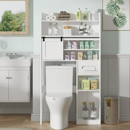 VECELO Over The Toilet Storage Cabinet, Bathroom Storage Organizer with Sliding Door & Adjustable Shelves, Space-Saving Toilet Paper Holder Stand for Bathroom, Laundry Room, White