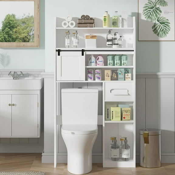 VECELO Over The Toilet Storage Cabinet, Bathroom Storage Organizer with Sliding Door & Adjustable Shelves, Space-Saving Toilet Paper Holder Stand for Bathroom, Laundry Room, White