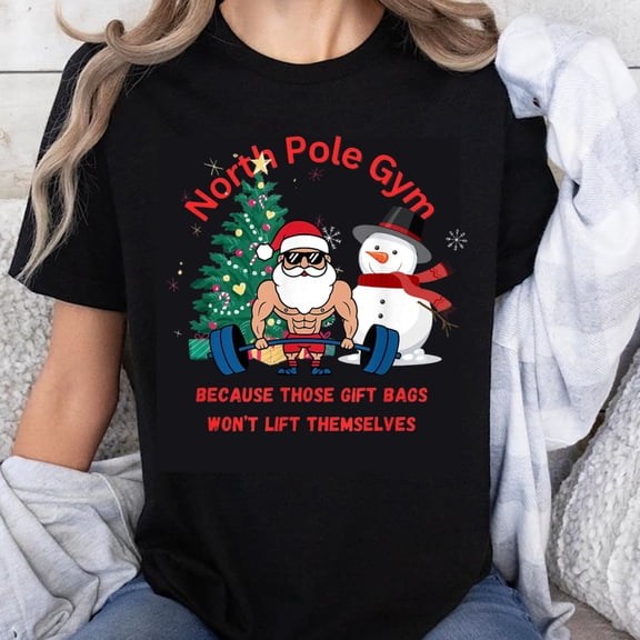 100% Cotton North Pole Gym Santa Snowman Christmas T-Shirt Funny Holiday Workout Gift Bag Lift Humor Men Women Christmas Shirt