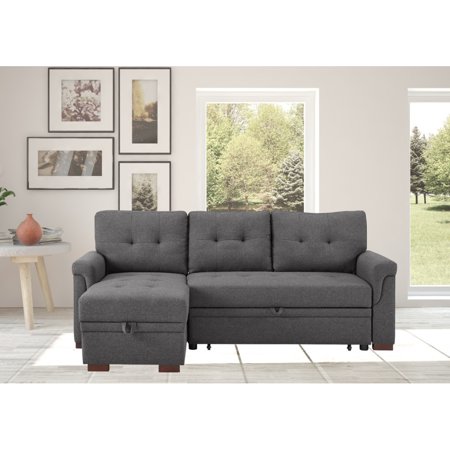 84" Dark Gray Linen Reversible Sleeper Sectional Sofa with Storage Chaise