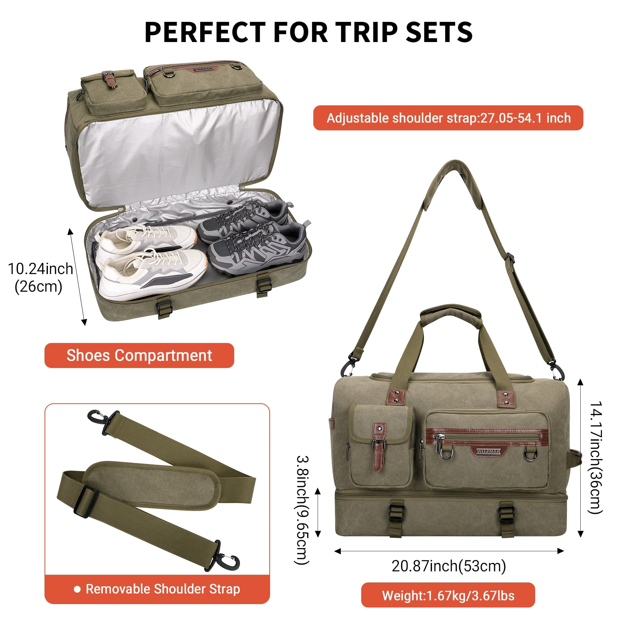 WITZMAN Canvas Weekender Bag Mens Overnight Bag for Traveling Carry on Duffle Bags with Shoes Compartment(A8010 Army Green)