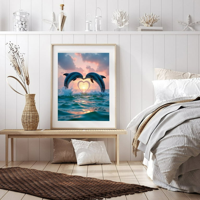 Diamond Art Kit for Adults, Dolphins Sunset Heart Ocean Love