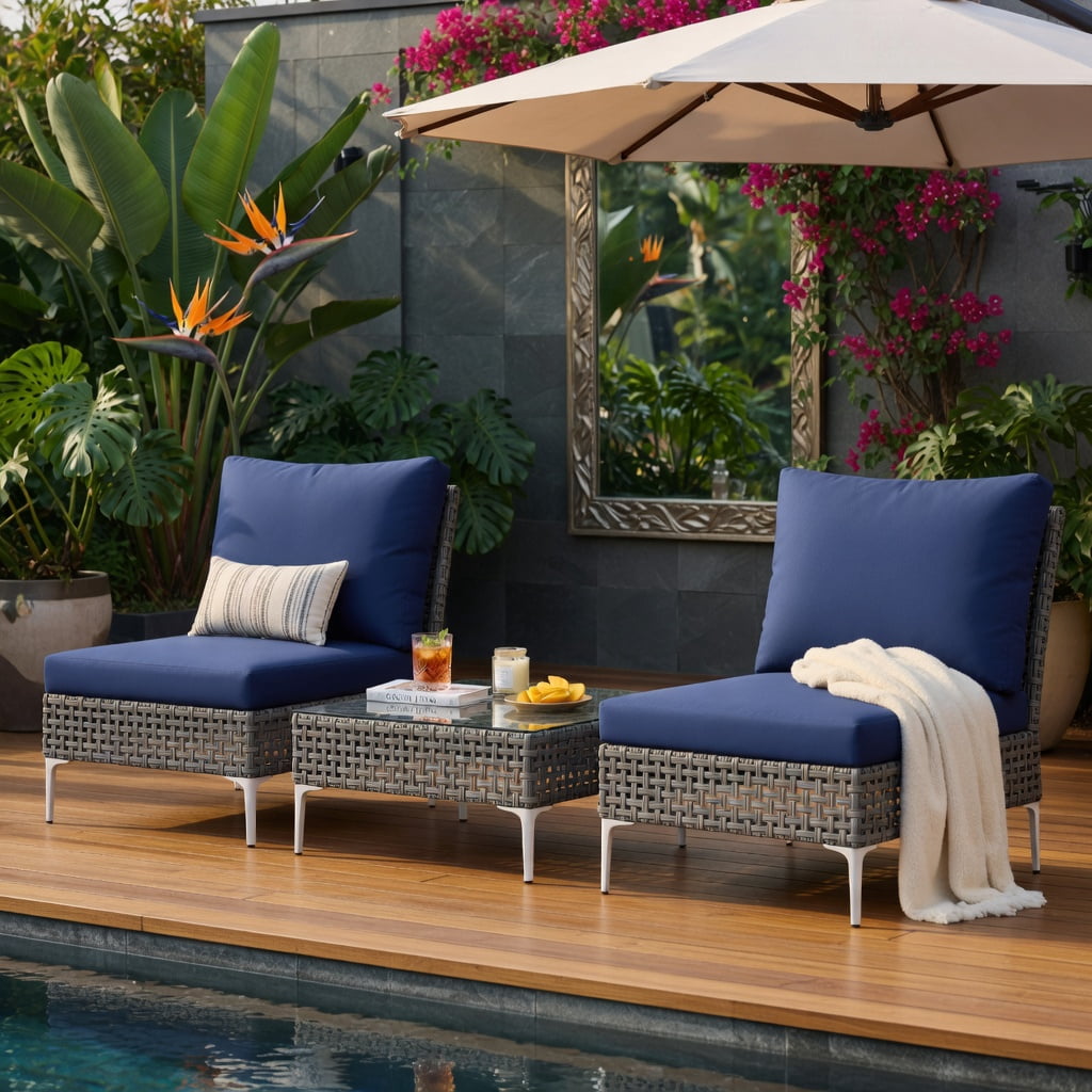 Hommoo 3-Piece PE Rattan Outdoor Conversation Set with Tempered Glass Coffee Table, Patio, Porch & Balcony Seating, Navy