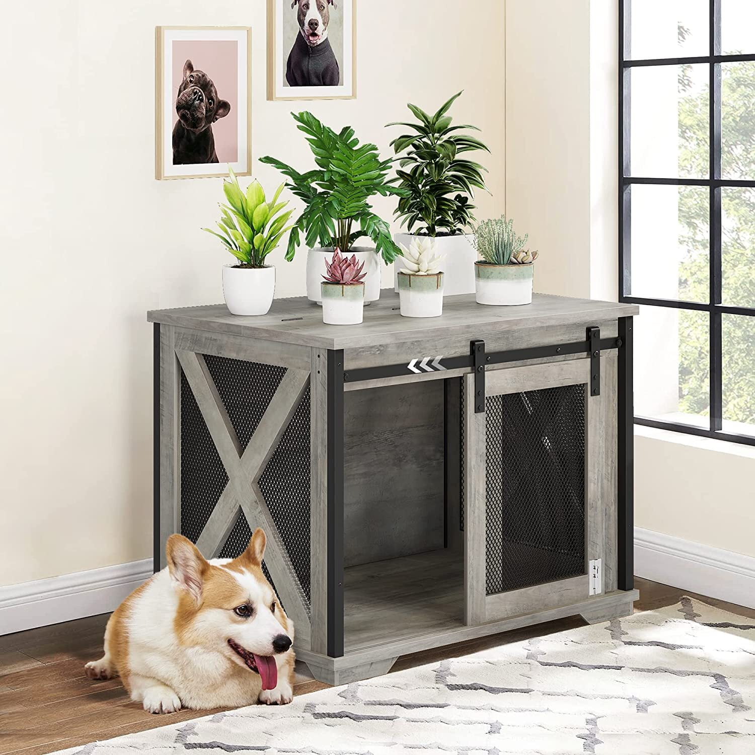 HOSSLLY Barn Door Pet Crate End Table with Sliding Door for Dogs