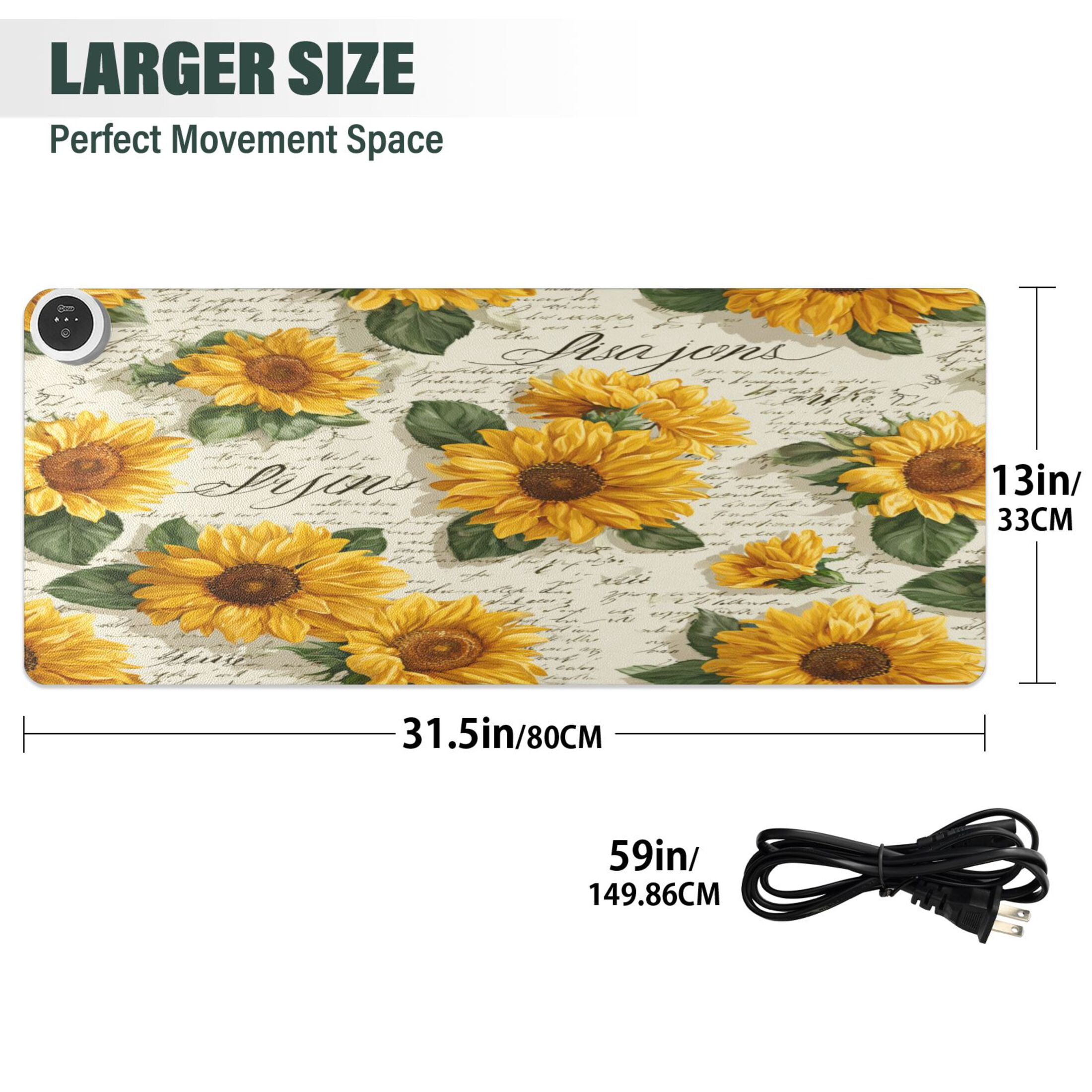 Large Heated Desk Mat Mouse Pad 31.5"x13"PU Leather Graphene Heating Desk Warmer with 3 Temperature Settings 110V US Plug Non-Slip Warm Pad for Home, Office, and Gaming Vintage Paper with Sunflowers