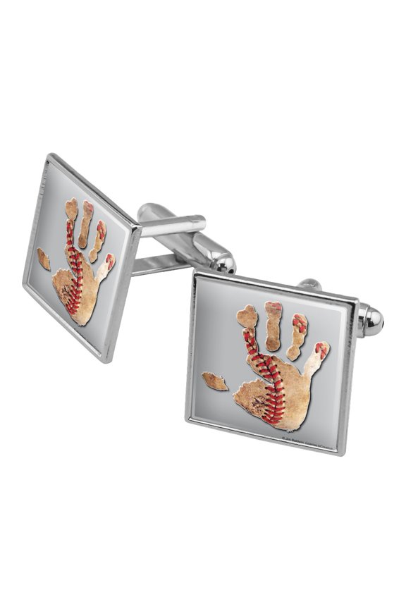 Hand Print Baseball Get a Grip Square Cufflink Set - Silver or Gold