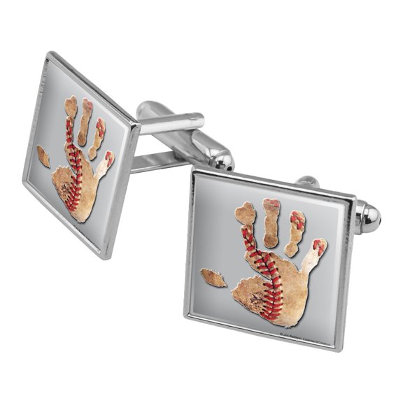 Hand Print Baseball Get a Grip Square Cufflink Set - Silver or Gold