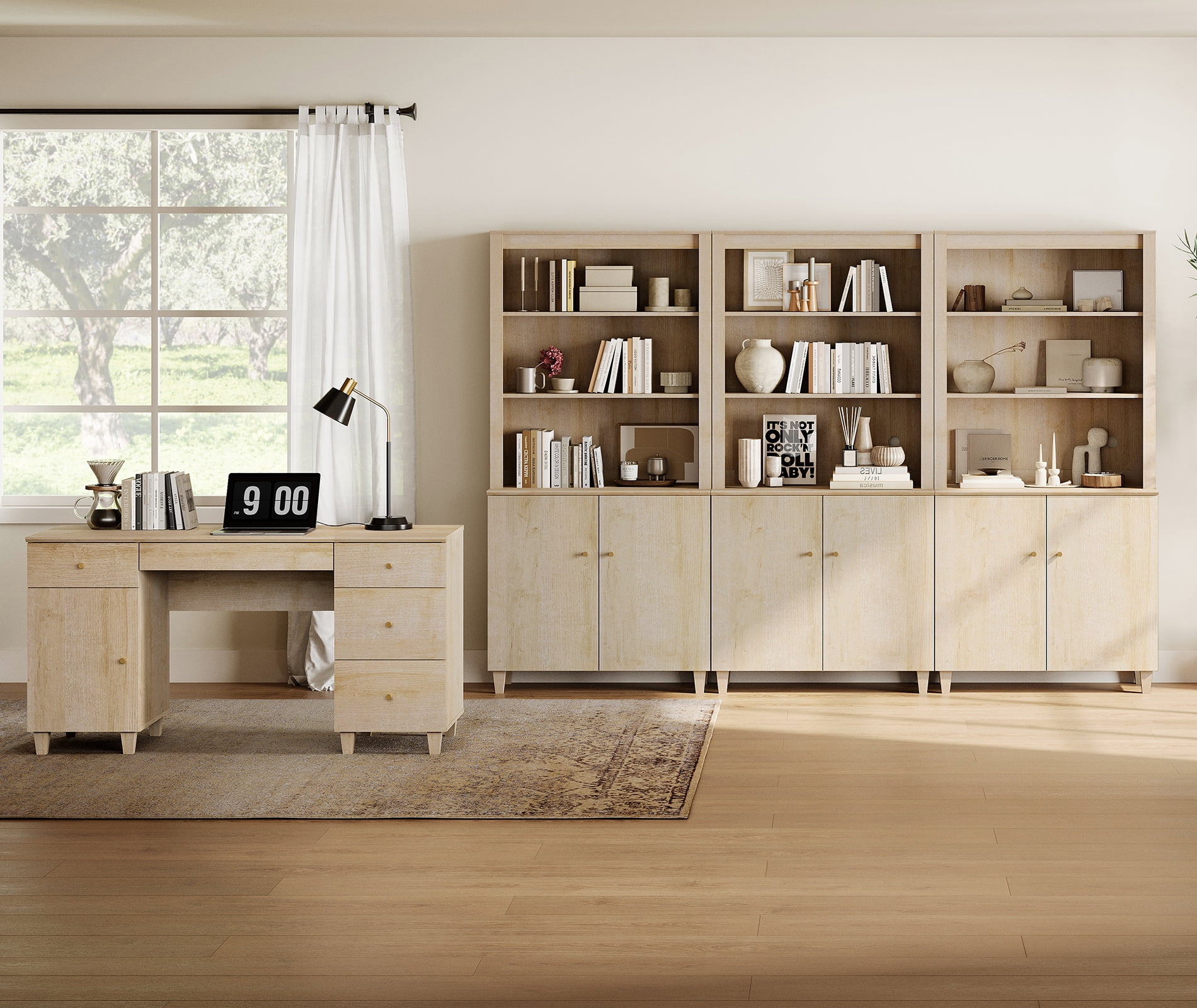 WAMPAT Home Office Furniture Set, 58" Executive Desk with Charging Station and Cabinet, 3-Column 71" Tall Bookcase with Doors and Adjustable Shelves for Living Room,Natural Oak