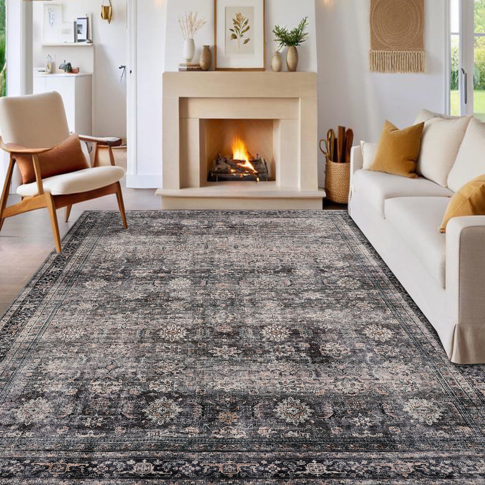 Garvee 8'x10' Vintage Rug Floral Print Area Rug Soft Foldable Accent Area Rugs for Dining Room Home Office, Brown Green