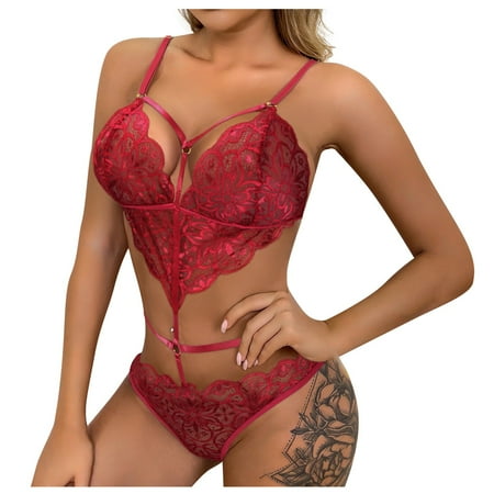 

OVTICZA Womens Strappy Sleepwear Lingerie One Piece Lace Deep V Neck Bodysuit Sexy Teddy Babydoll Wine XL