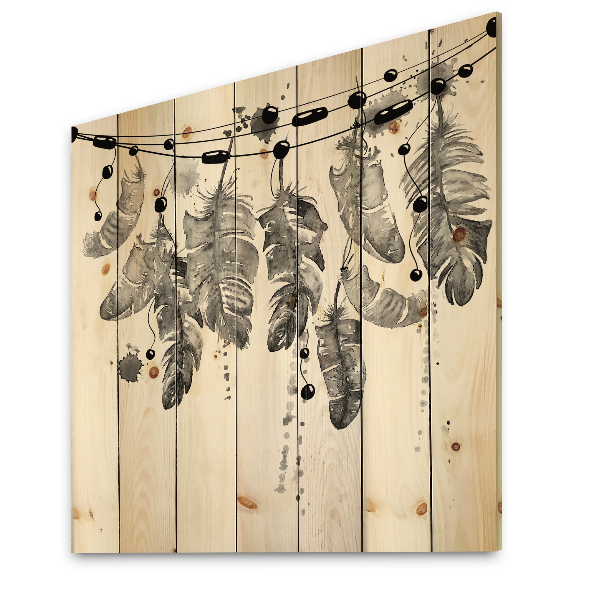 Designart 'Hanging Monochrome Bird Feathers' Bohemian & Eclectic Print on Natural Pine Wood