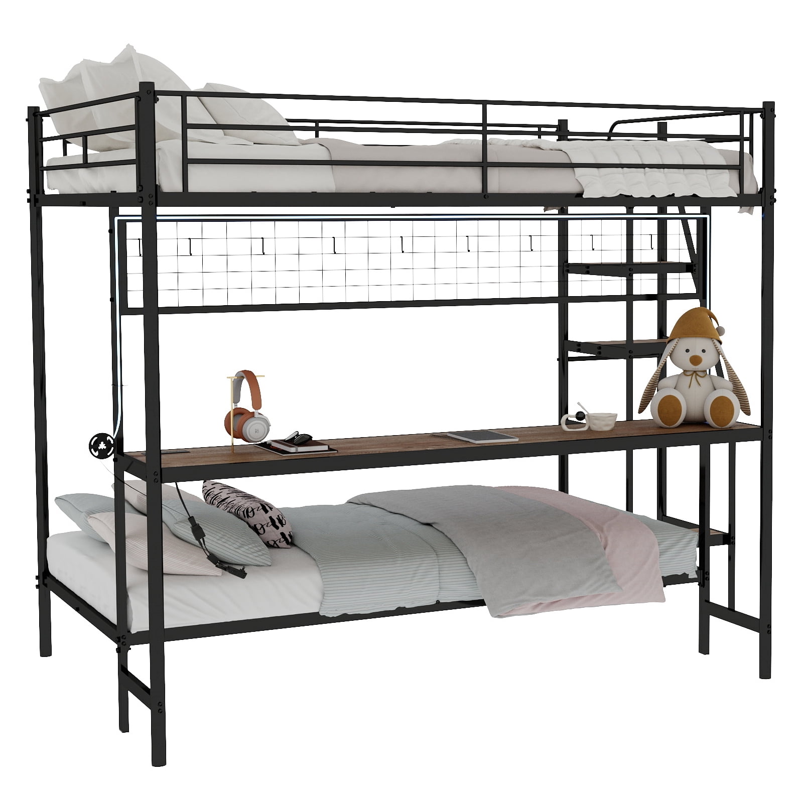 Mintazer Twin Over Twin Metal Bunk Bed with Desk, LED Light & Power Outlet, Bunk Bed Frame with Guardrails and Ladder for Kids Teens Bedroom Dorm Apartment, Black