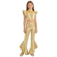 thumbnail image 2 of Eandarui Girls Jazz Hip Hop 2-Piece Set Ruffle Rhinestones Cami Top with Shiny Metallic Flared Pants Dance Performance Outfit Gold 6, 2 of 7
