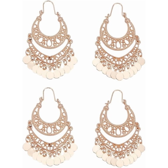 2 Pairs Golden Crescent Moon Round Disc Charms Long Dangle Drop Earrings 63x35mm Alloy Fan Chandelier Earrings Tassel Indian Long Dangle Earrings