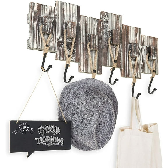 MyGift Wall-Mounted Entryway Torched Wood Coat Rack with 6 Nautical Style Rope Hooks