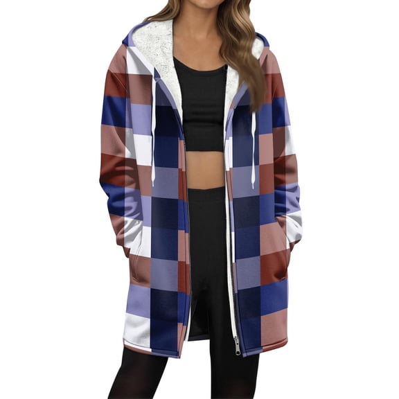 Dasayo Long Womens Coats Blue Thermal Fleece Drawstring Plaid Zip up Coats Jacket Women L