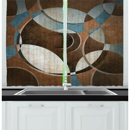 Contemporary Window Curtains - Abstract Curtains 2 Panels Set, Grunge Vintage Style Contemporary Circular Round Geometric Figures Artwork, Window Drapes for Living Room Bedroom, 55W X 39L Inches, Umber Slate Blue, by Ambesonne