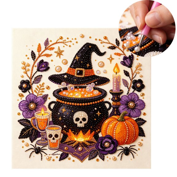 Halloween DIY Pearl Painting Kit, Plastic 3D Diamond Art Craft Set for Kids Adults, 7.8x7.8 Inch Desktop Ornament, Spooky Themed Art Project for Home Decor and Halloween Gift (C)
