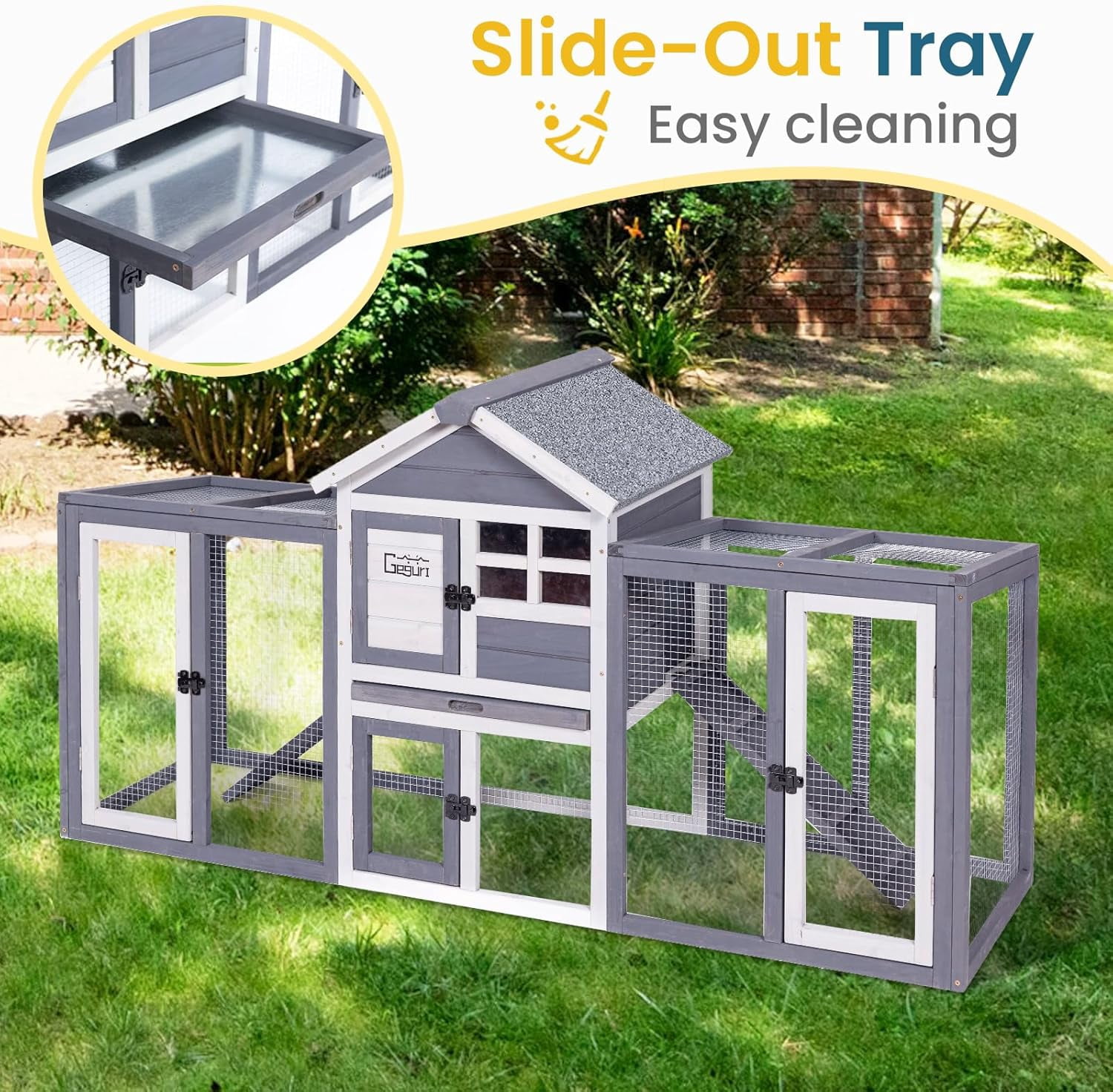 GEGURI Chicken Coop Outdoor, Rabbit Hutch Indoor, Bunny Cage with Waterproof Roof, Pull Out Tray, Predator-Resistant Fencing