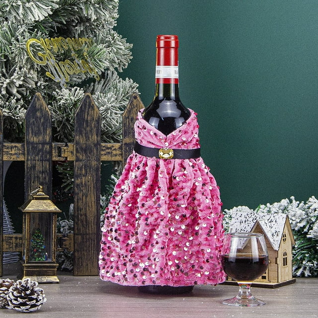 Housse de Bouteille de Vin Paillettes Robe Rouge Décoration de Bouteille de Vin Paillettes Bouteille de Noël pour Décoration de Table de Dîner de Noël