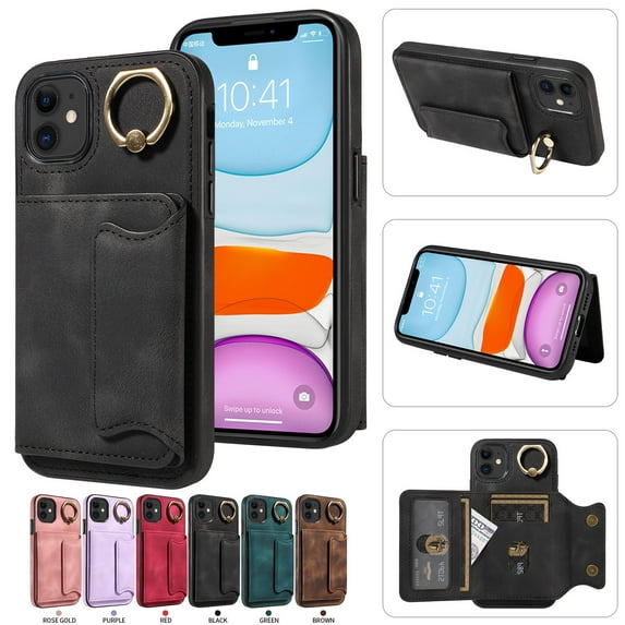 Nalacover for iPhone 11 Ring Holder Wallet Case with Kickstand Magnetic Clasp, Credit Card Slots Holder Premium PU Leather Purse Cover, TPU Bumper Shockproof Anti-Scratches Case,Black