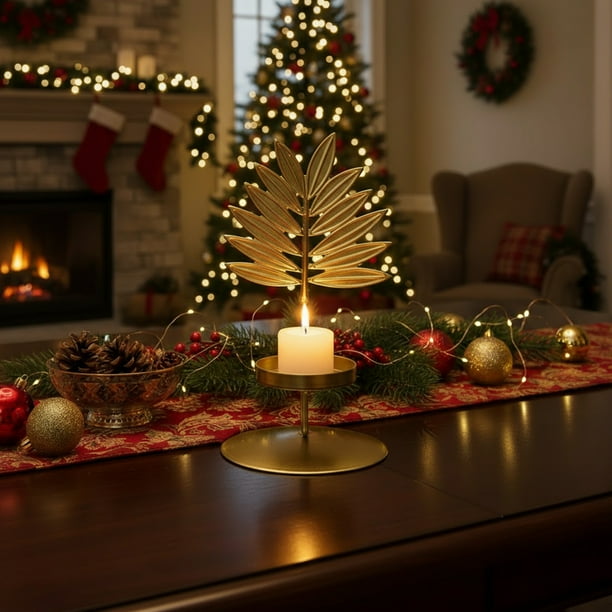 Seyotauo Christmas Decor - Gold Wrought Iron Candlestick, 5 Unique Designs (Maple Leaf/Butterfly/Flower/Ginkgo Leaf/Wood Leaf), Romantic Dining Table Living Room Decor, Christmas Gifts for Family