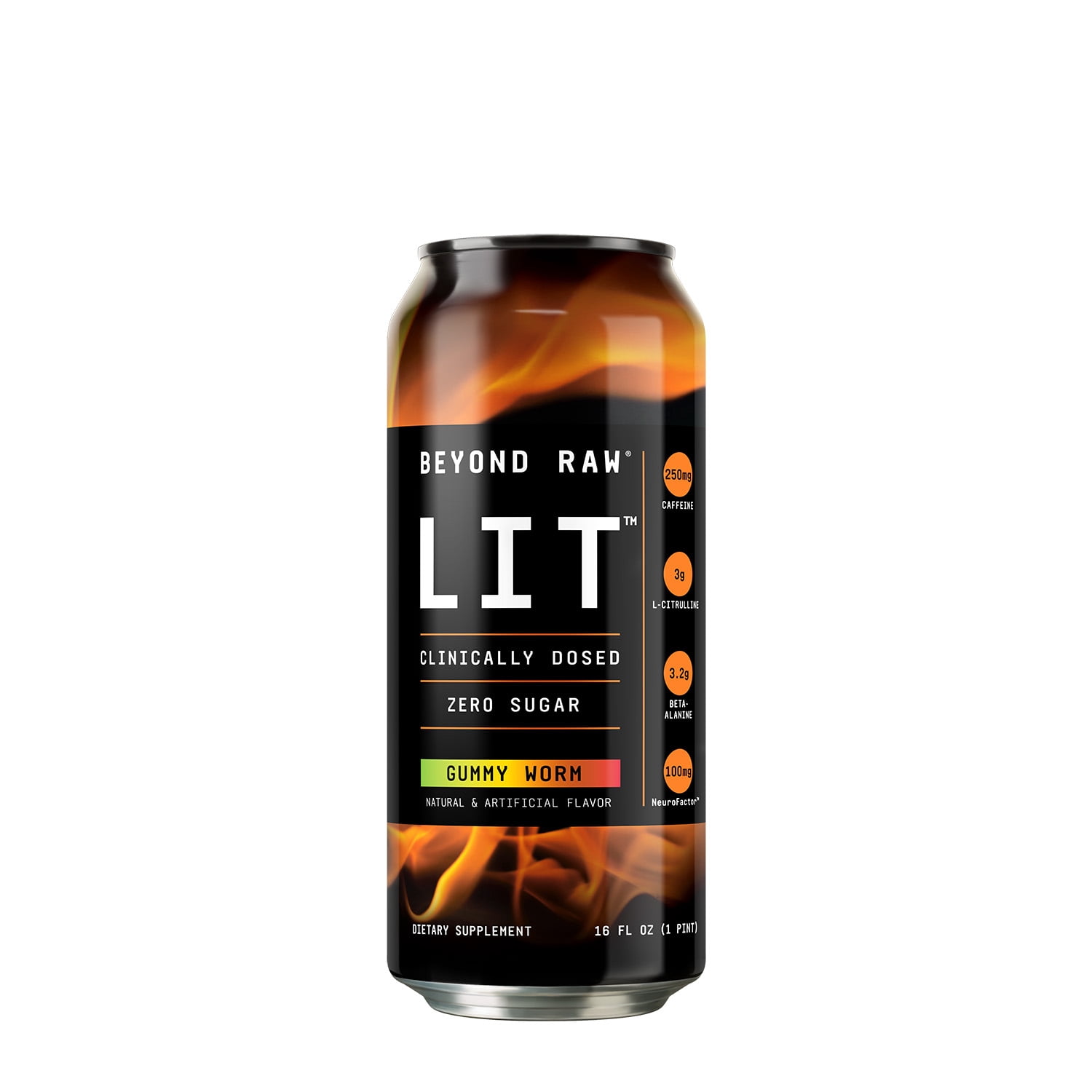 Beyond Raw Lit Pre-Workout Supplement, Gummy Worm, 250mg Caffeine, 4 Pack, 16 fl oz Can