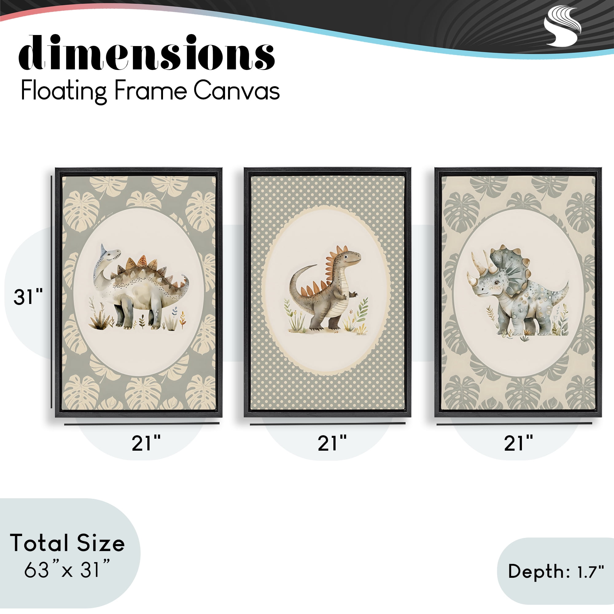Stupell Industries Nursery Dinosaurs Tropical Border 3 Piece Black Framed Floater Canvas Set, design by LSR Design Studio