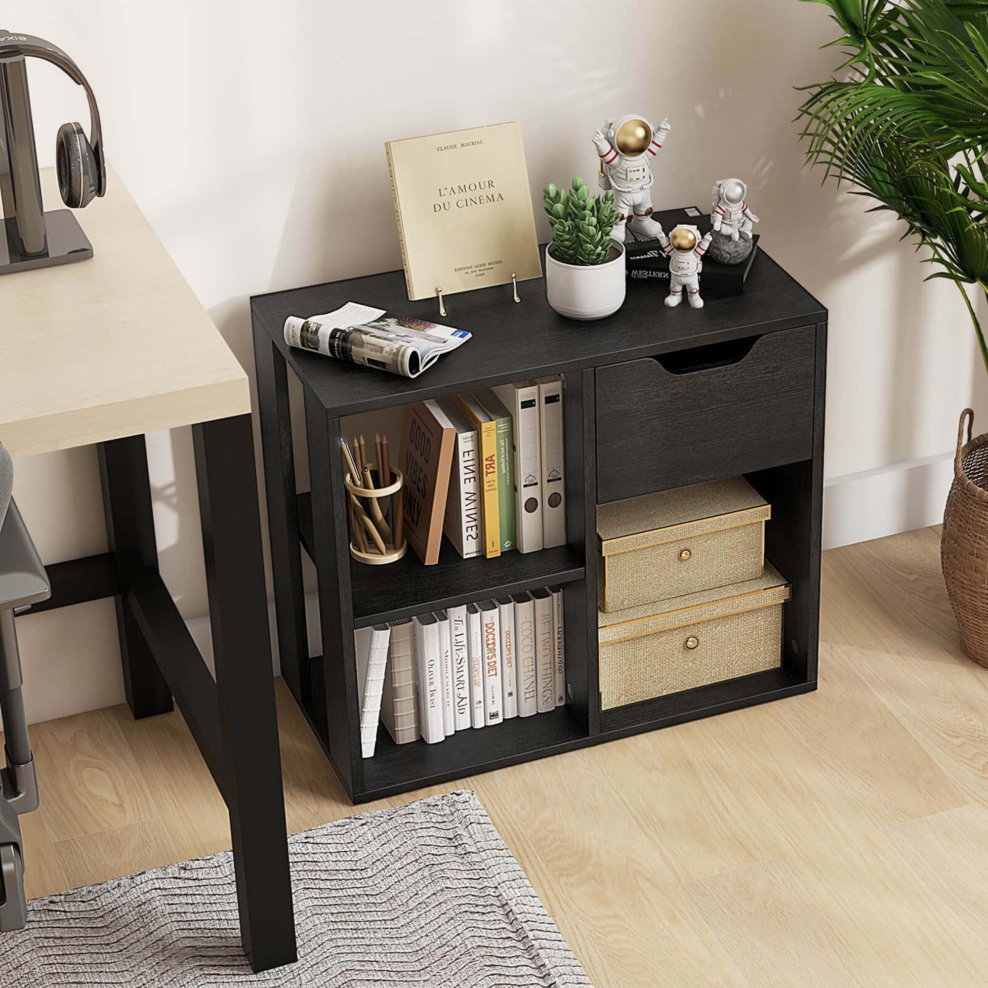 Costway 1 PCS 3-Cube Bookcase Organizer with 2-tier Wooden Storage Shelf & Pull-out Drawer