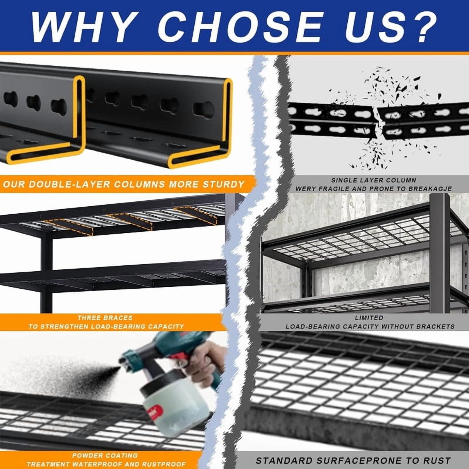 Heavy Duty Storage Shelves 62" W, Metal Shelving Rack, Garage Storage Shelf, Black Adjustable Shelving Unit for Garage, Basement,62" W x 24" D x72 H