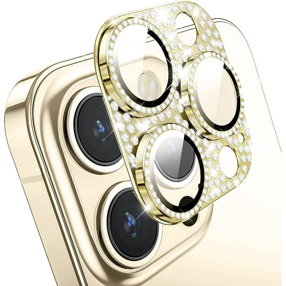 for iPhone 14 Pro & iPhone 14 Pro Max Camera Lens Protector,9H Tempered Glass Anti-Scratch, Glitter Diamond Metal Lens Protective Decoration Cover Accessories for 14 Pro / 14 Pro Max - Gold