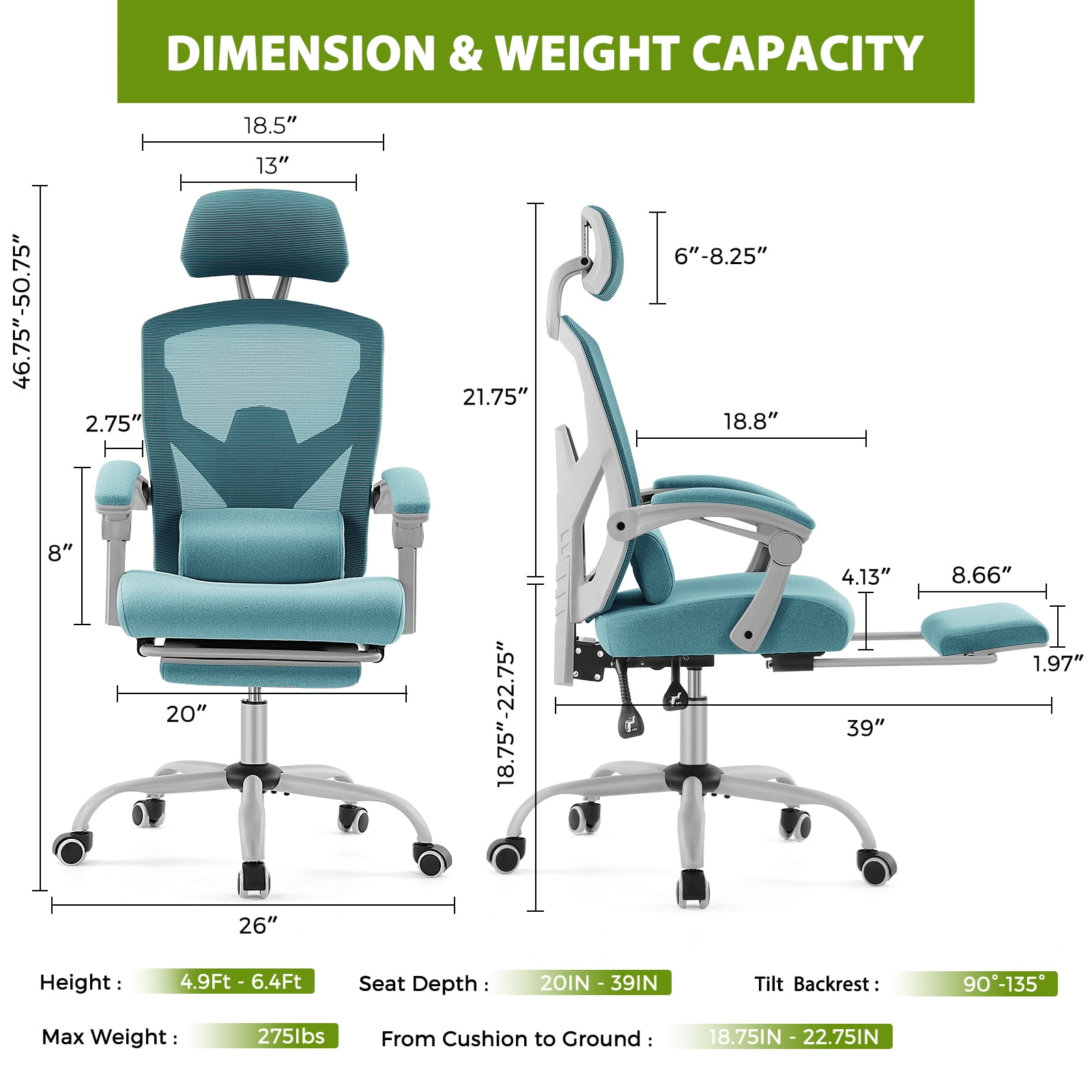 EDX Ergonomic Office Chair - High Back Mesh, Reclining with Lumbar Support, Adjustable Headrest, Footrest & Padded Arms, Blue