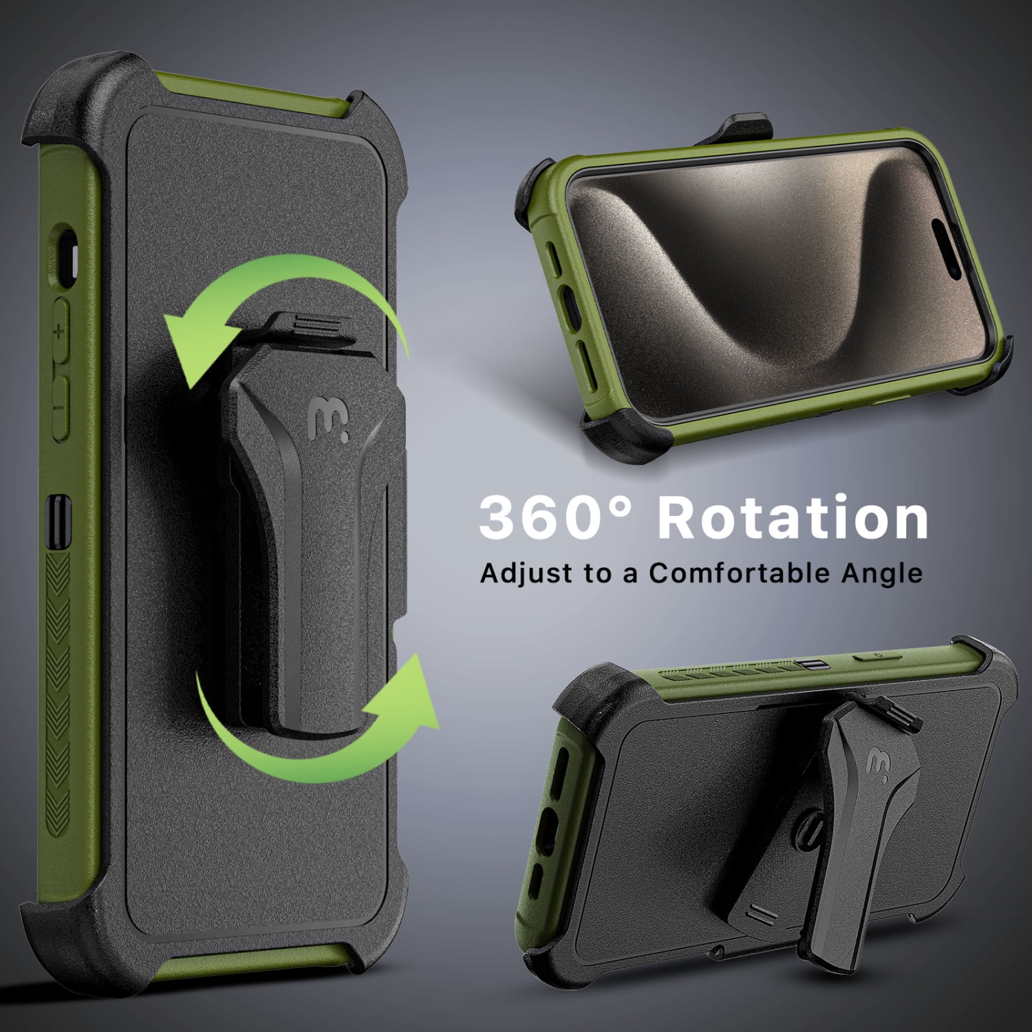 MyBat Pro Maverick Series Case with Holster and Tempered Glass for Apple iPhone 15 Pro (6.1) - Army Green