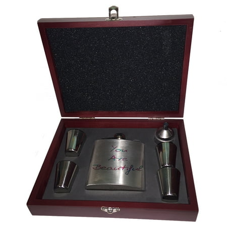 

KuzmarK 6 oz. Stainless Steel Flask Set in Rose Wood Presentation Box - You Are Beautiful