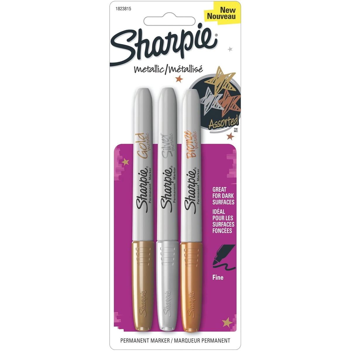 3pk Permanent Marker Metallic Fine Tip Gold/Silver/Bronze - Sharpie