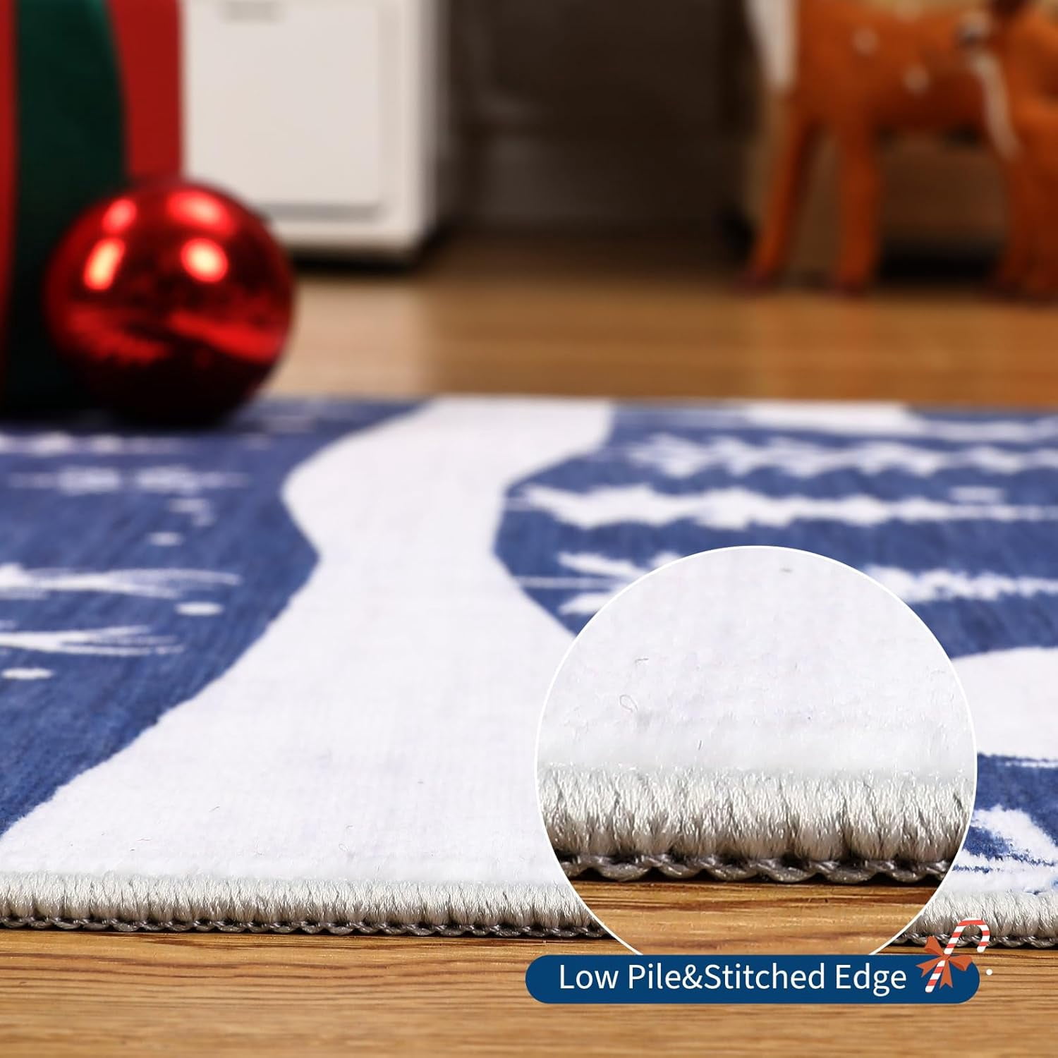 Garvee 8x10 ft Christmas Rug, Washable Non Slip Low Pile Carpet, Xmas Tree Reindeer Snowflake Indoor Rug for Entryway, Kitchen, Living Room, Blue