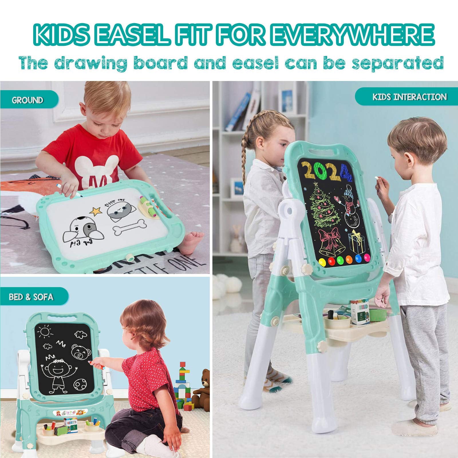 JBeeCtrl Easel for Kids Rotatable Double Sided White Board & Chalk Board Adjustable Standing Kids Art Easel w/ Paint Accessories for Boys Girls Birthday Christmas Birthday Gifts for Kids 3-6 Green