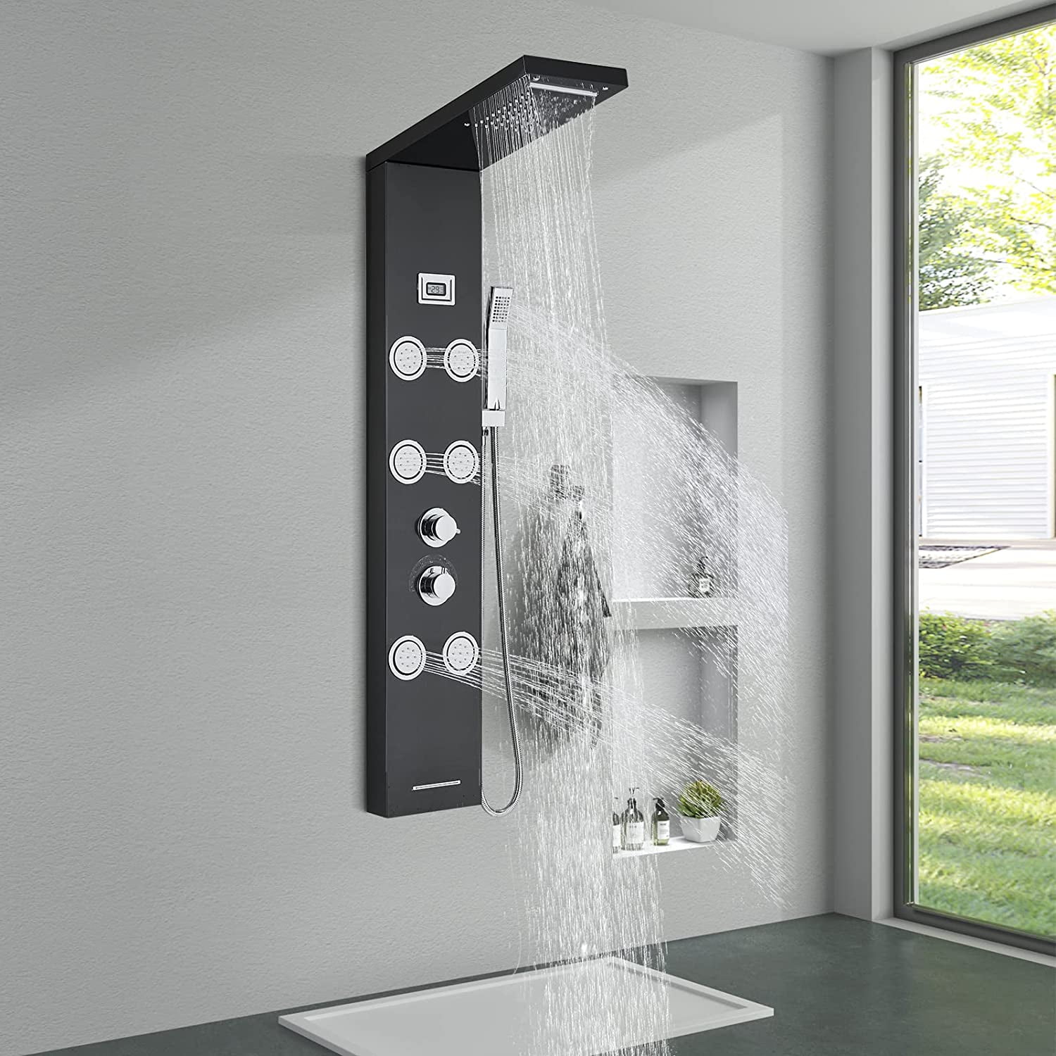 Zovajonia Shower Panel Tower System, MultiFunction Shower Tower，Waterfall Showerhead，6 Rain