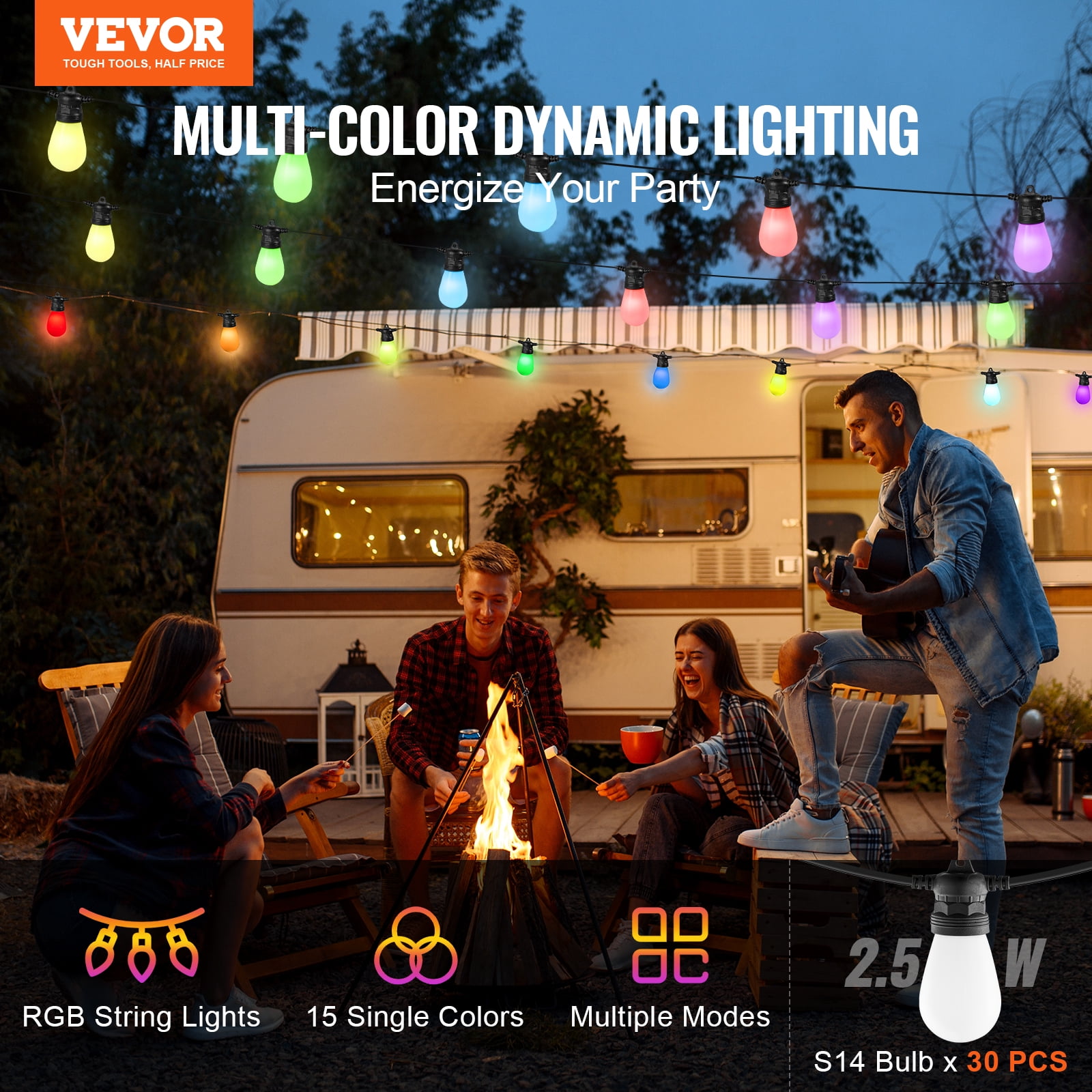 VEVOR RGB Outdoor String Lights, 100FT, Outside Patio Lights with APP Control 30 Bulbs, 15 Single-Color Adjustable Brightness Time Setting, Waterproof Hanging Lights for Halloween Decoration