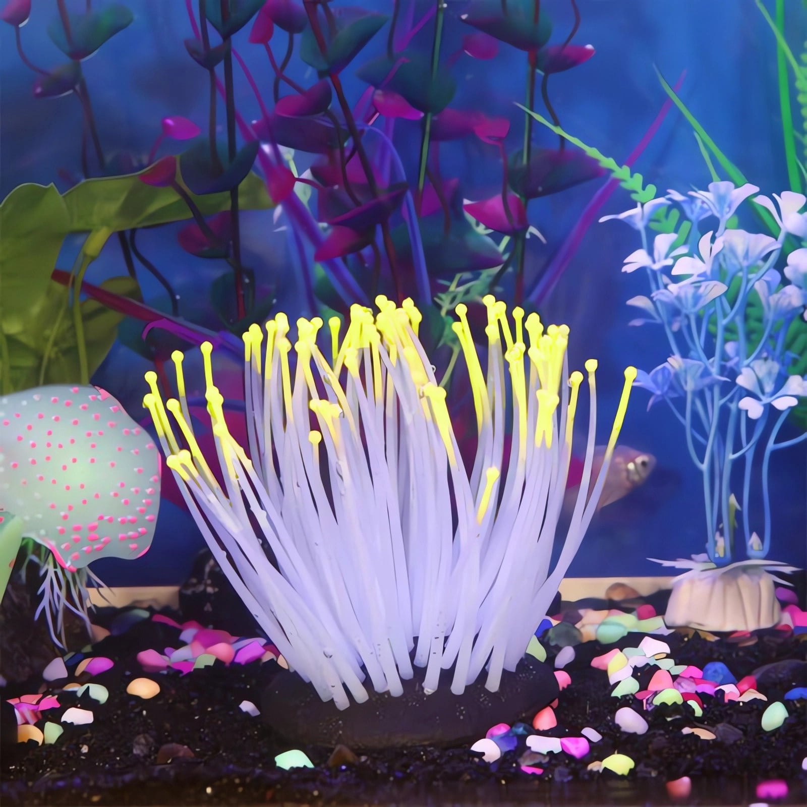 Horivan 5 Counts Faux Luminous Sea Anemone Silicone Aquarium Ornament Non-Living Fish Tank Night Decor