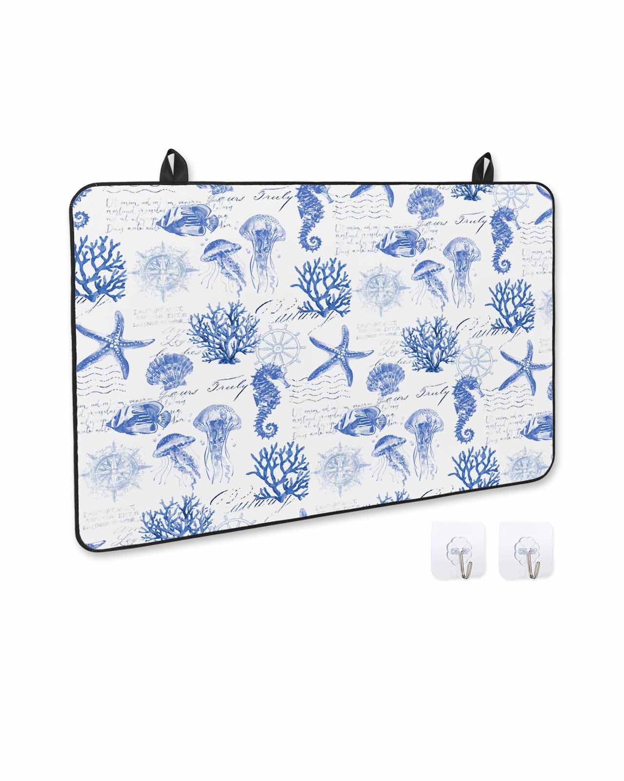 nqOlkjepod Large Induction Cooktop Protector Mat 36"x21", Blue Coastal Stove Top Covers for Electric Stove, Ocean Nautical Coral Seahorse Starfish Stove Burner Cover Mats, Glass Top Stove Cover