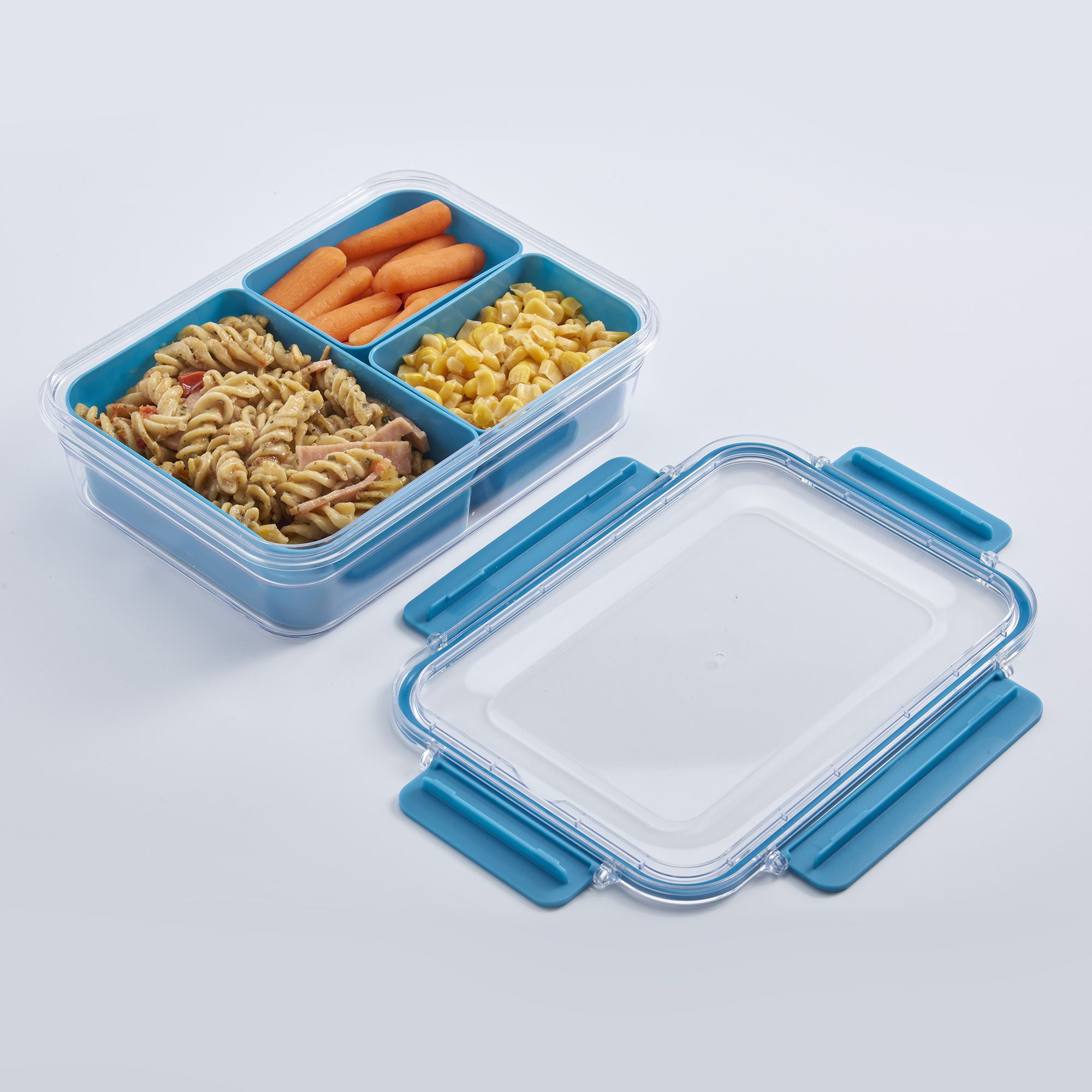 Bento Tek 3.7 x 2.2 x 1.1 inch Sauce Containers, 4 White Dipping Sauce Cups with Lids - with Blue Lid, Microwavable, Plastic Small Lunchbox Containers