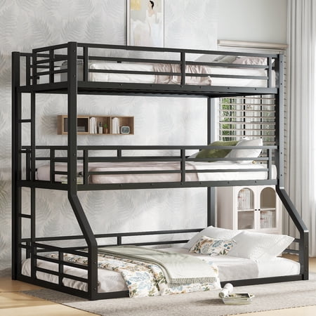 Twin over Twin over Full XL Bunk Bed, Metal Triple Bunk Bed with Safety Guardrails, Heavy-duty Bunk Bed with Noise-reduced Design, Black