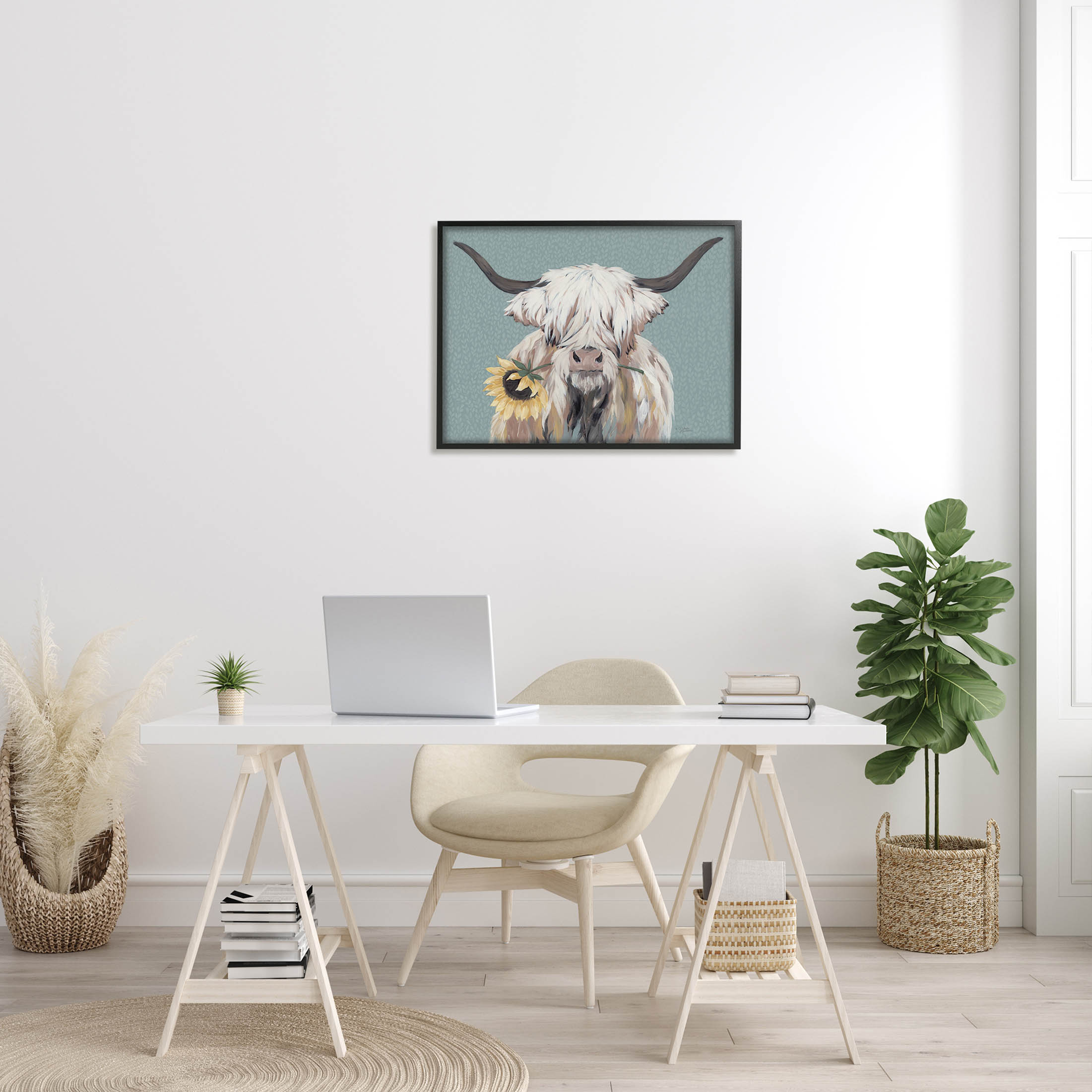 Stupell Industries Highland Cattle Biting Sunflower Bloom Painting Black Framed Art Print Wall Art, Design by Michele Norman