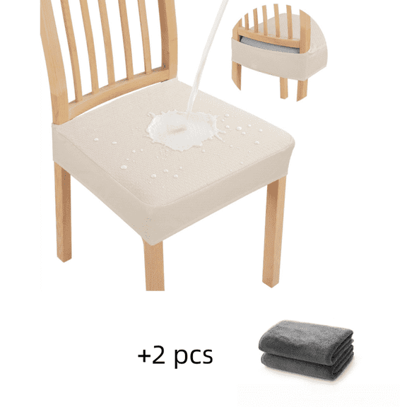 Waterproof Seat Covers for Dining Room Chairs Set of 4, Stretch Jacquard Removable Washable Chair Seat Slipcovers Protector, No Rear Covers, Beige