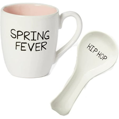 

Spring Fever Coffee Mug Set! Includes Mug And Spoon Rest! Made With Dolomite Material! Festive Spoon Holder and Coffee Cup In Handwritten Design! Choose Your Color! (Spring Fever)